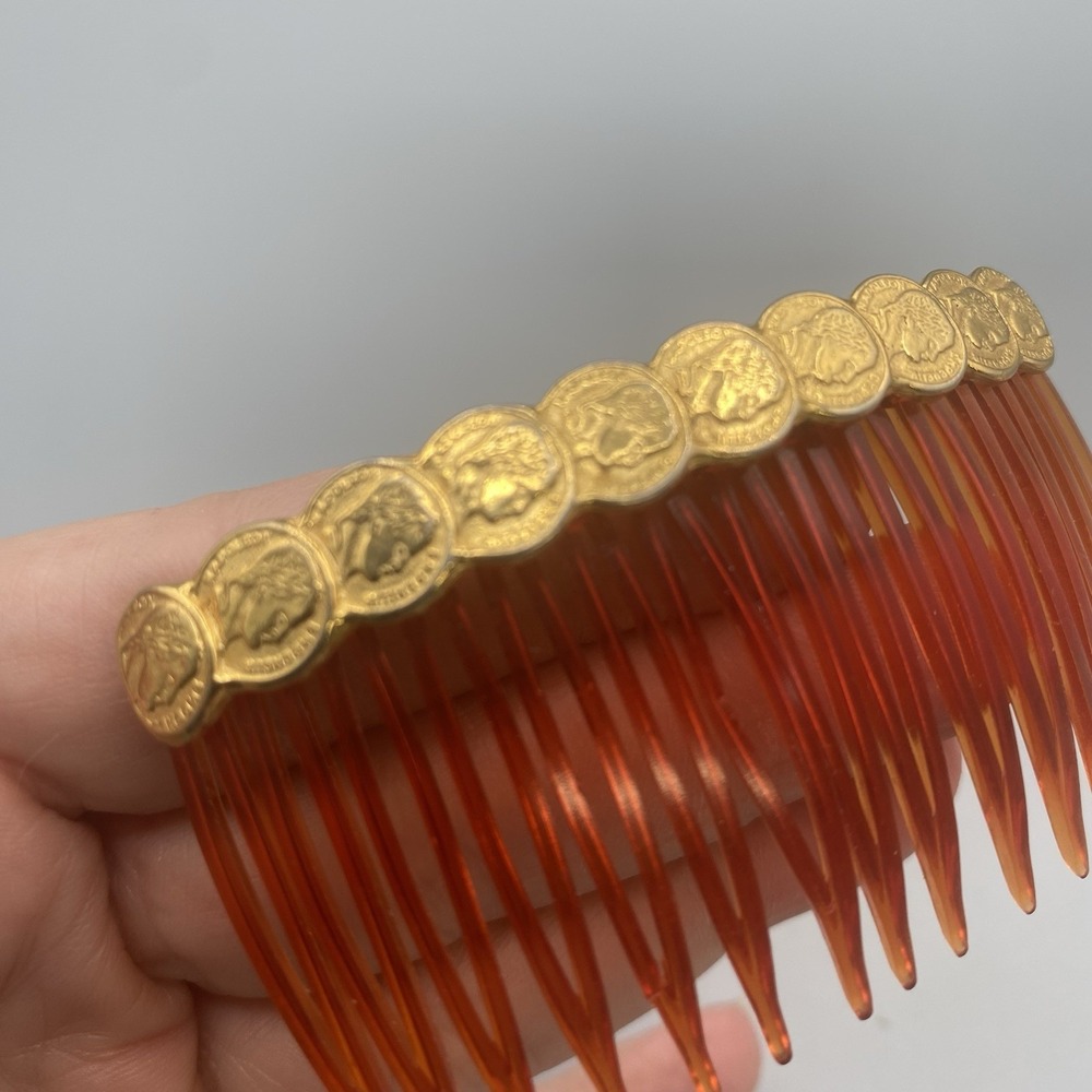 Vintage Plastic Hair Combs Gold Tone Metal Roman Coins Made in USA 2pcs - Picture 4 of 7
